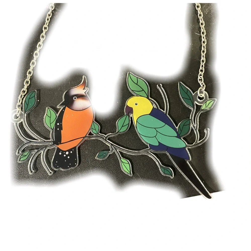 2 Piece Set of Wall Hanging Birds / Faux Stained Glass Look Effect w/ Chain